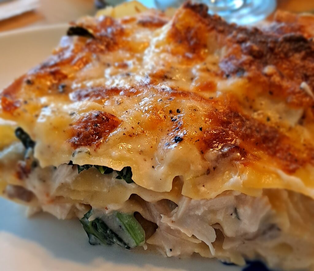 white chicken lasagne with kale and mushrooms